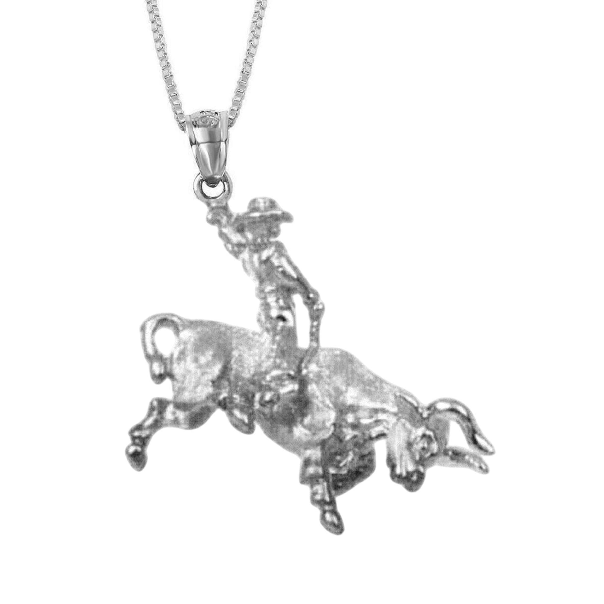 925 Sterling Silver Necklace w/ Cowboy Riding Bull 3D (3 Dimensional) Solid Pendant