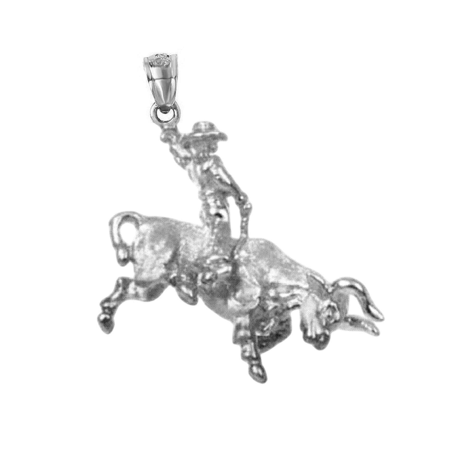 925 Sterling Silver Necklace w/ Cowboy Riding Bull 3D (3 Dimensional) Solid Pendant