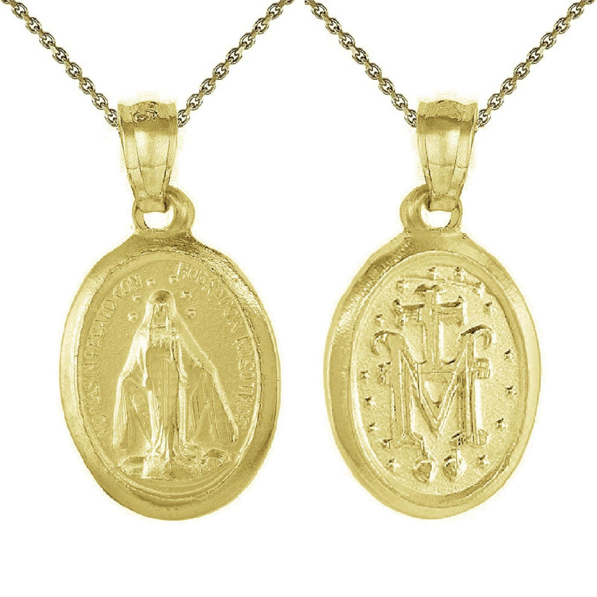 925 Sterling Silver Yellow Gold Plated 1mm Cable Chain Necklace w/ Miraculous Virgin Mary 2-sided Pendant Charm