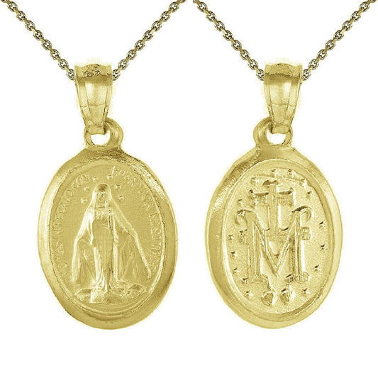 925 Sterling Silver Yellow Gold Plated 1mm Cable Chain Necklace w/ Miraculous Virgin Mary 2-sided Pendant Charm