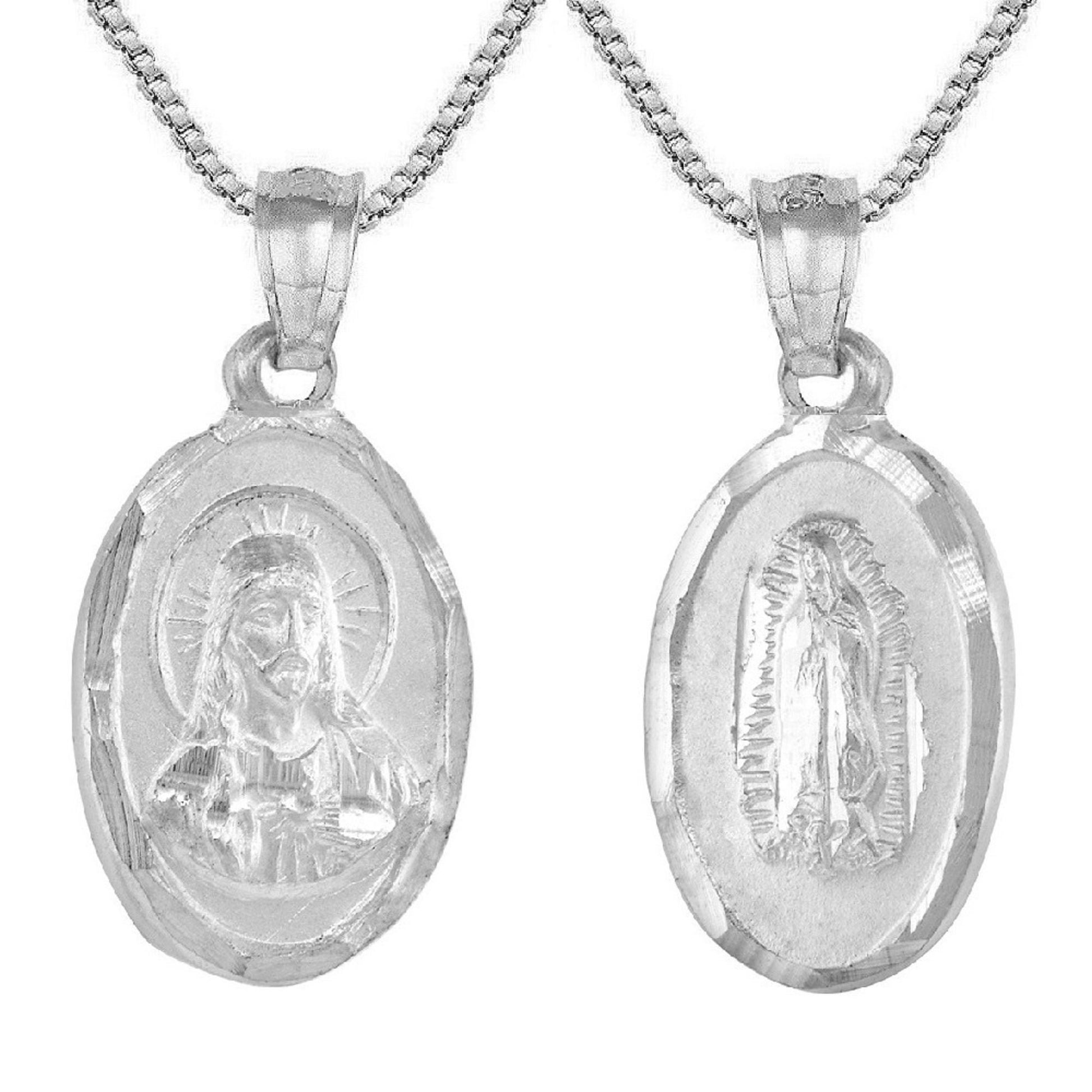 925 Sterling Silver Necklace w/ Guadalupe & Sacred Heart of Jesus 2-sided Pendant Charm