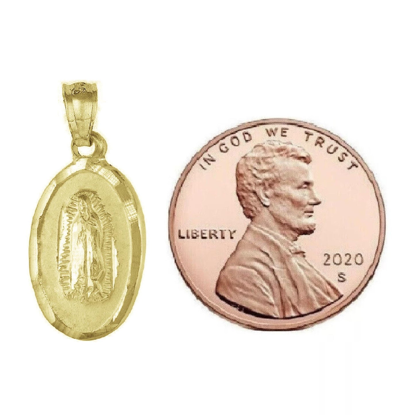 925 Sterling Silver Yellow Gold Plated 1mm Cable Chain Necklace w/ Guadalupe & Sacred Heart of Jesus 2-sided Pendant Charm
