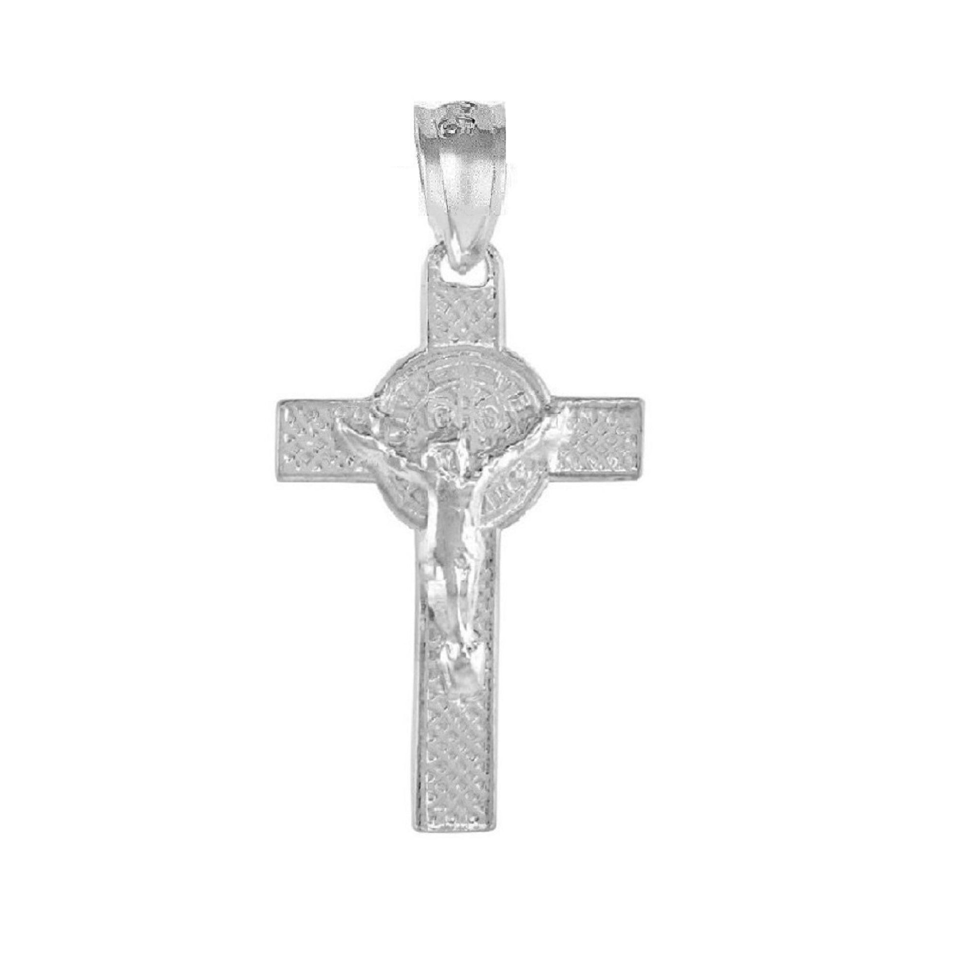 925 Sterling Silver Necklace w/ Jesus Christ & St. Benedict Double Sided Cross Pendant Charm