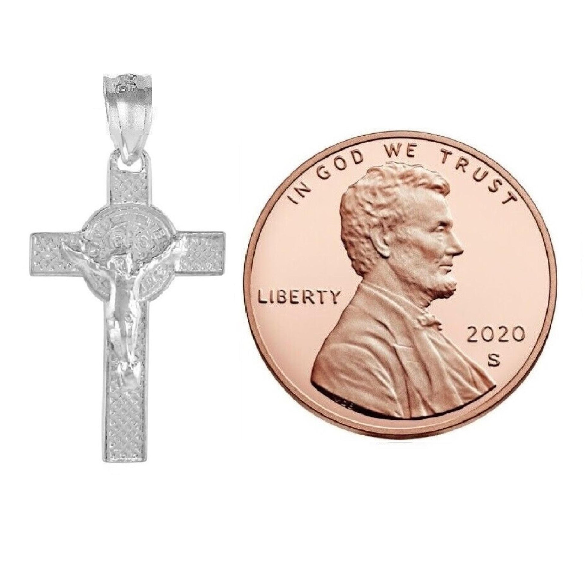 925 Sterling Silver Necklace w/ Jesus Christ & St. Benedict Double Sided Cross Pendant Charm