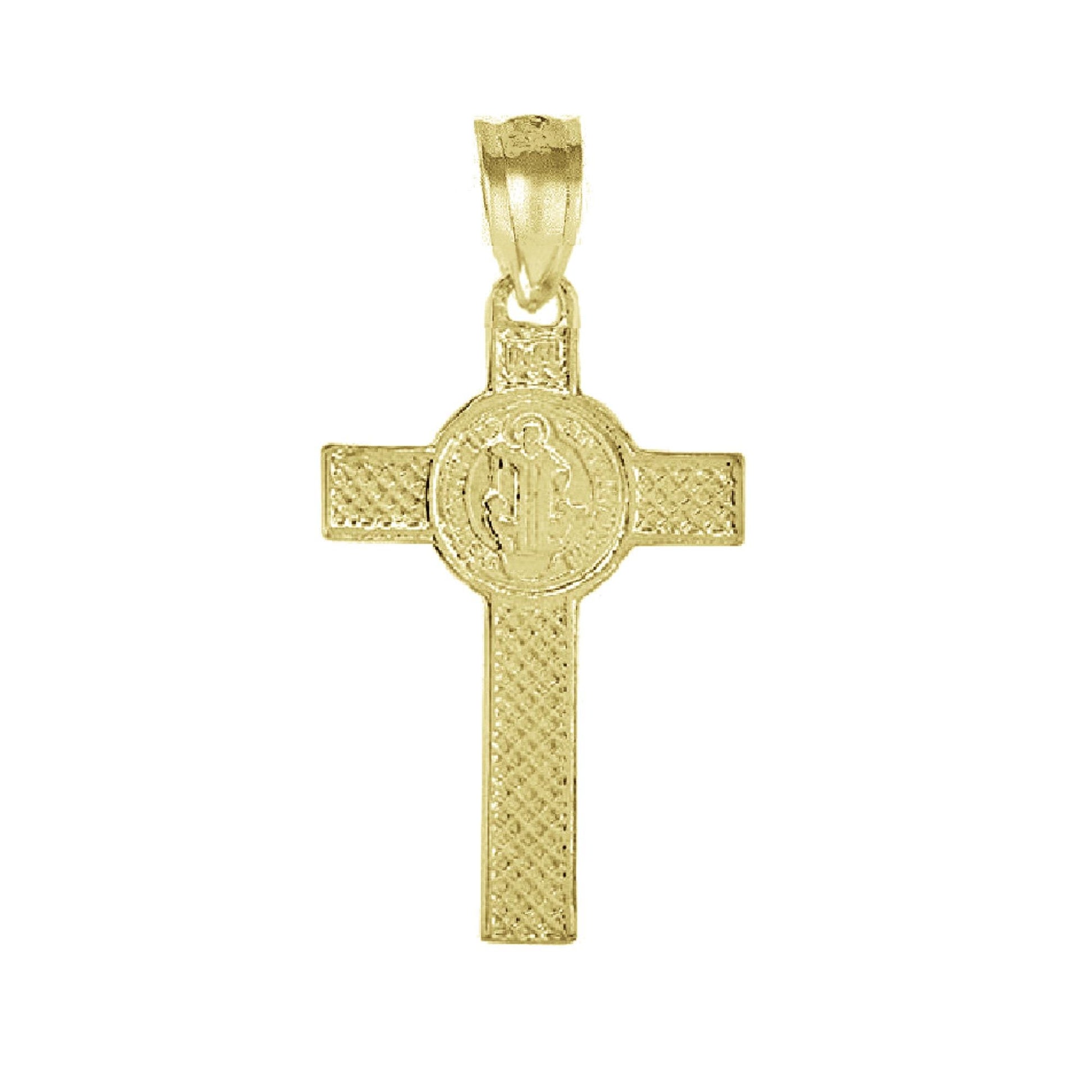 925 Sterling Silver Yellow Gold Plated 1mm Cable Chain Necklace w/ Jesus Christ & St. Benedict Double Sided Cross Pendant Charm