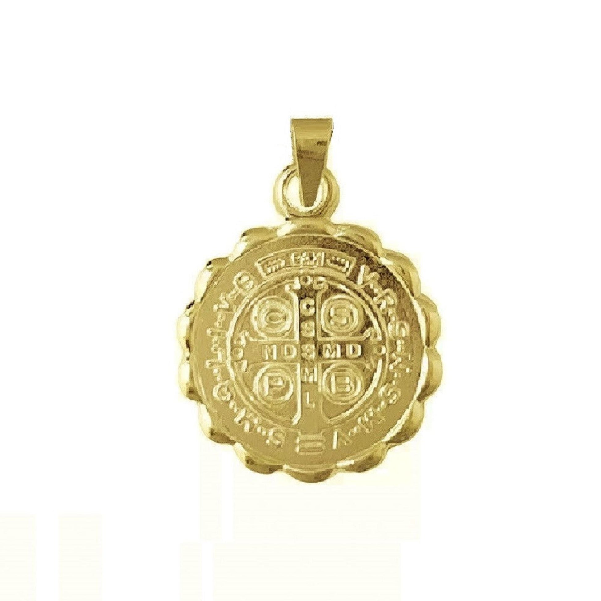 925 Sterling Silver Yellow Gold Plated 1mm Cable Chain Necklace w/ 2-sided Saint Benedict Pendant Charm