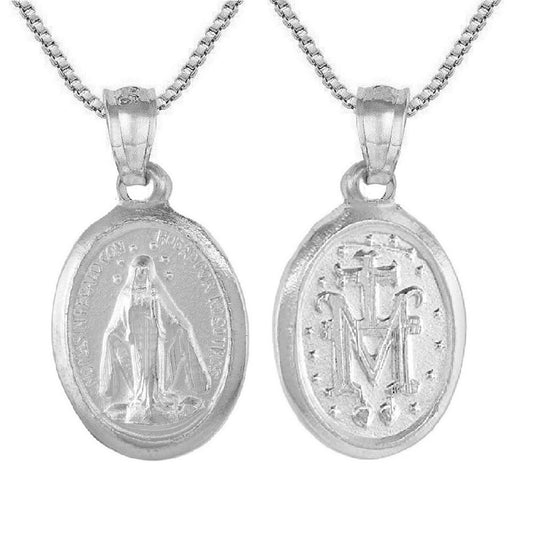925 Sterling Silver Necklace w/ Miraculous Virgin Mary 2-sided Pendant Charm