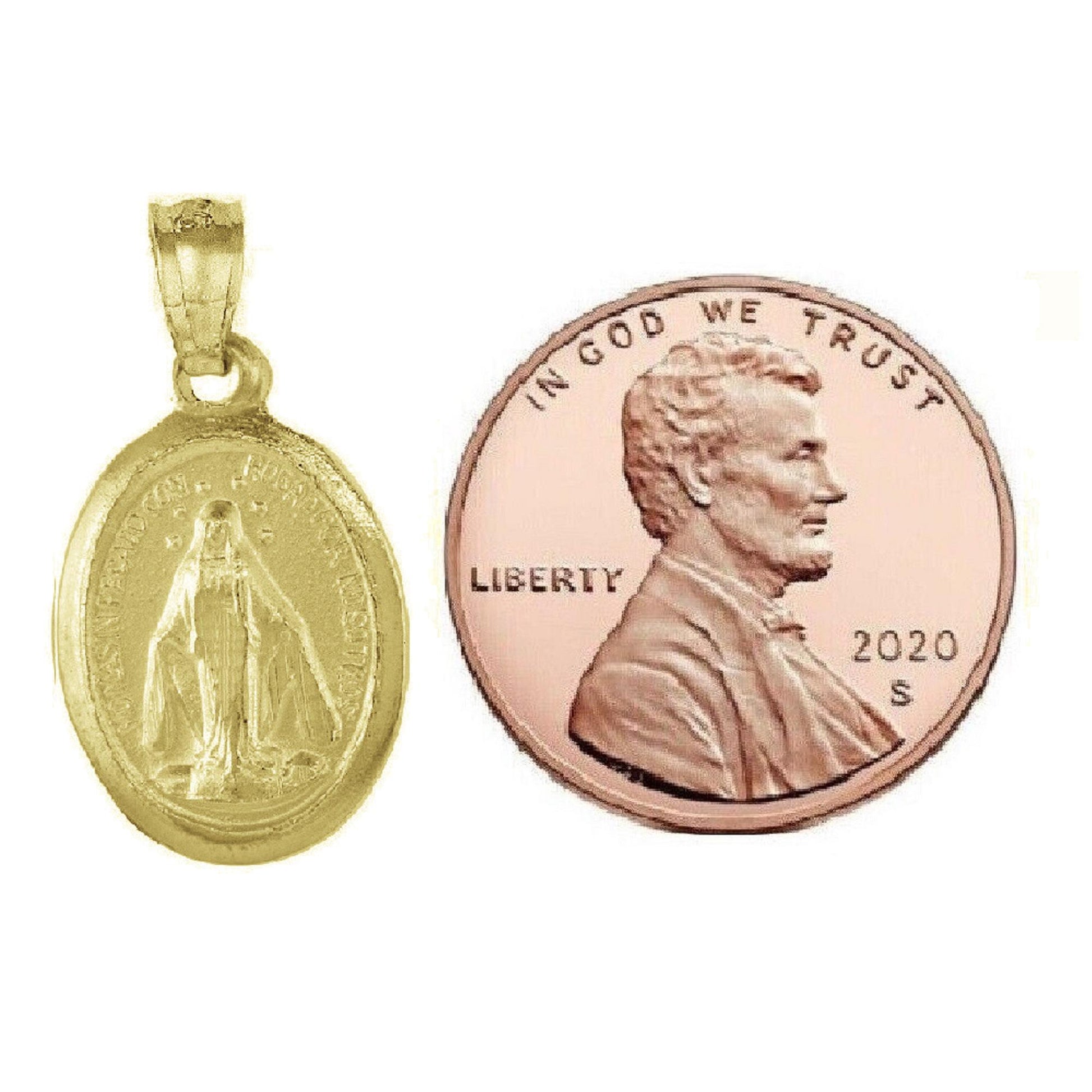 925 Sterling Silver Yellow Gold Plated 1mm Cable Chain Necklace w/ Miraculous Virgin Mary 2-sided Pendant Charm