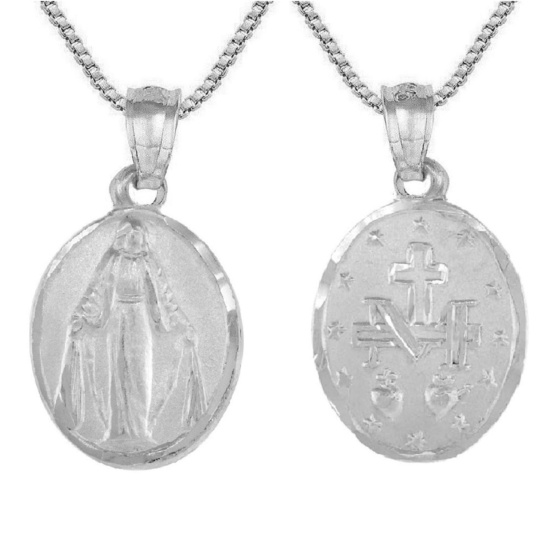 925 Sterling Silver Necklace w/ Miraculous Virgin Mary 2-sided Pendant Charm