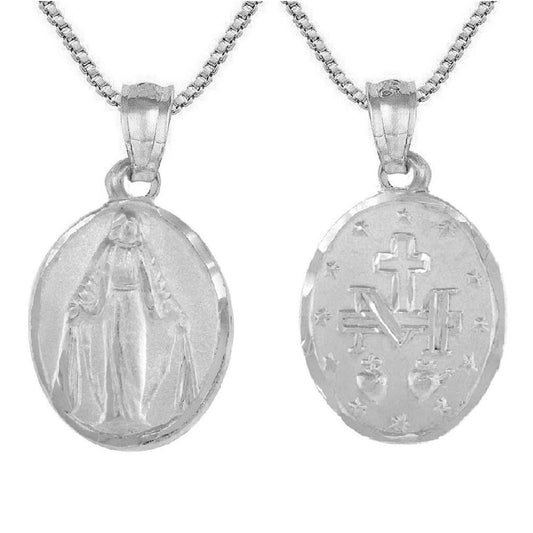 925 Sterling Silver Necklace w/ Miraculous Virgin Mary 2-sided Pendant Charm