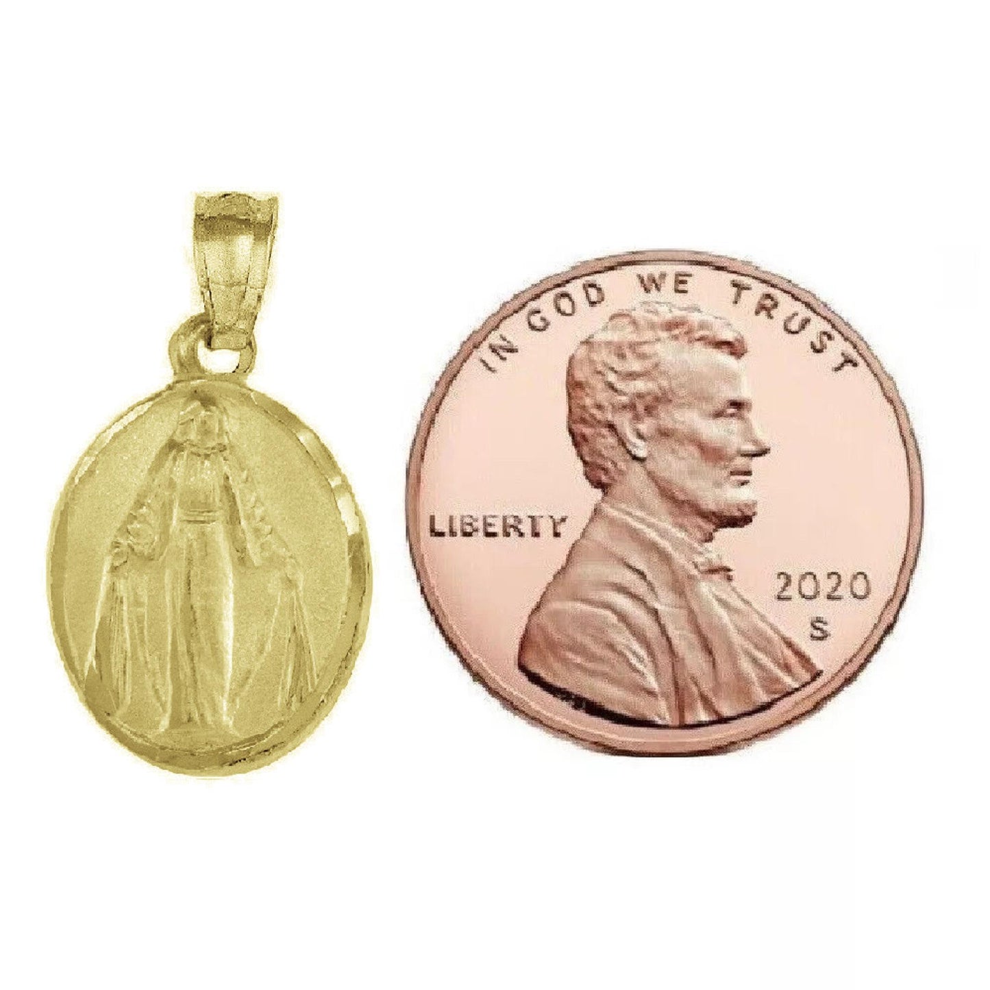 925 Sterling Silver Yellow Gold Plated 1mm Cable Chain Necklace w/ Miraculous Virgin Mary 2-sided Pendant Charm