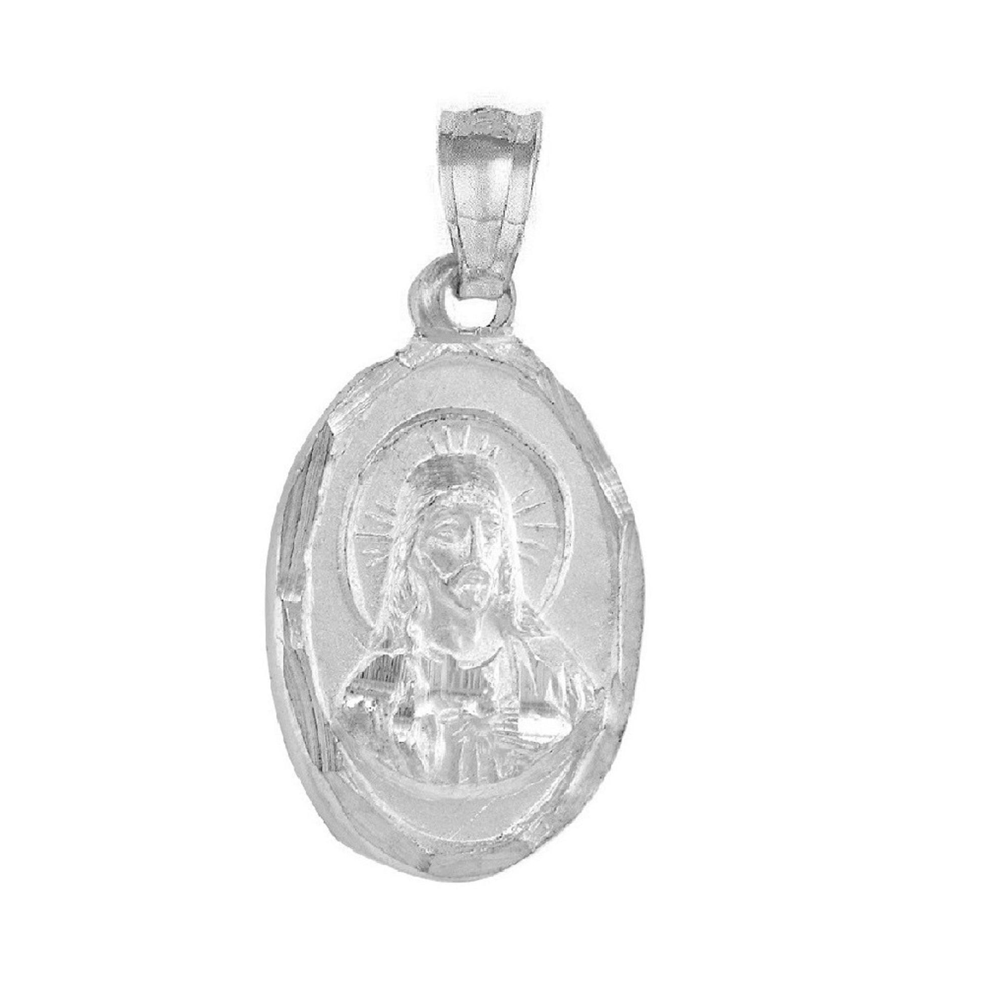 925 Sterling Silver Necklace w/ Guadalupe & Sacred Heart of Jesus 2-sided Pendant Charm