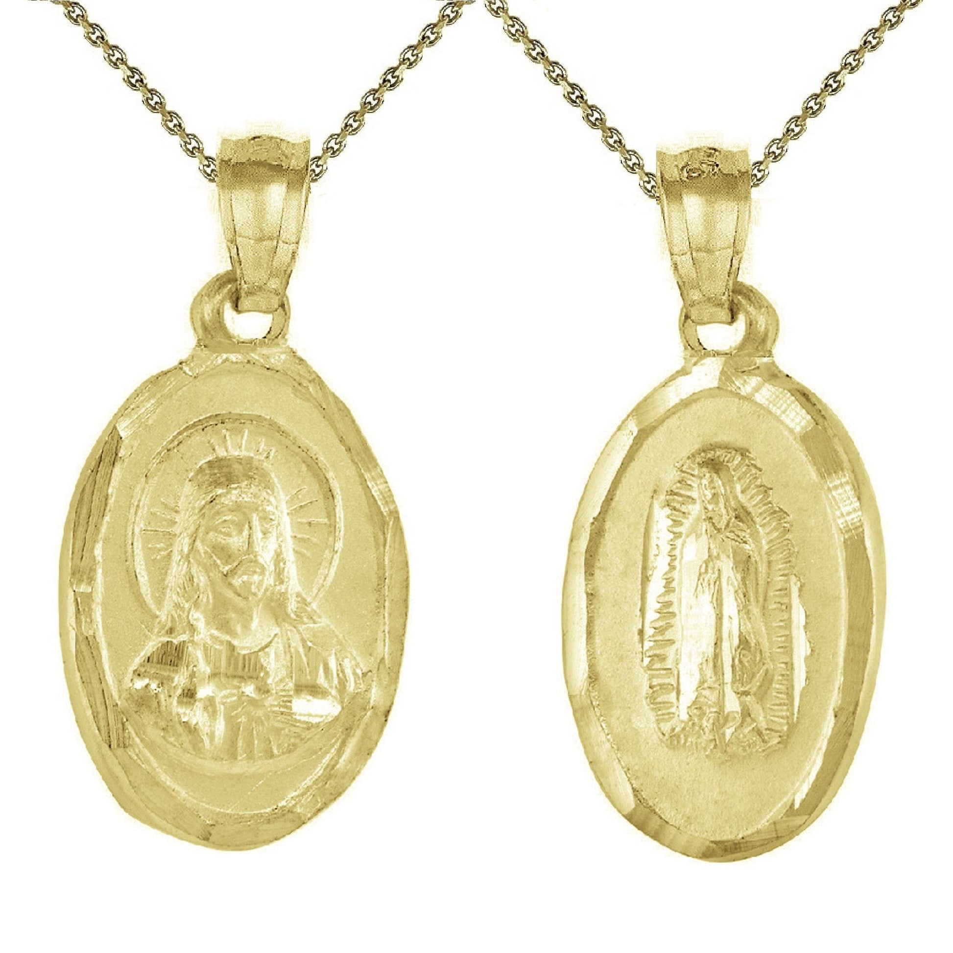 925 Sterling Silver Yellow Gold Plated 1mm Cable Chain Necklace w/ Guadalupe & Sacred Heart of Jesus 2-sided Pendant Charm
