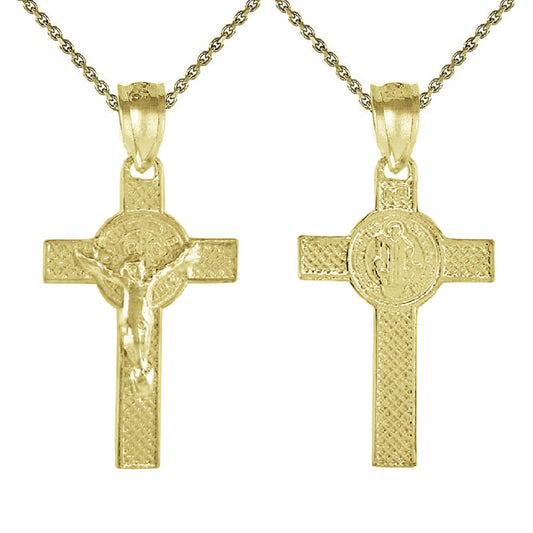 925 Sterling Silver Yellow Gold Plated 1mm Cable Chain Necklace w/ Jesus Christ & St. Benedict Double Sided Cross Pendant Charm