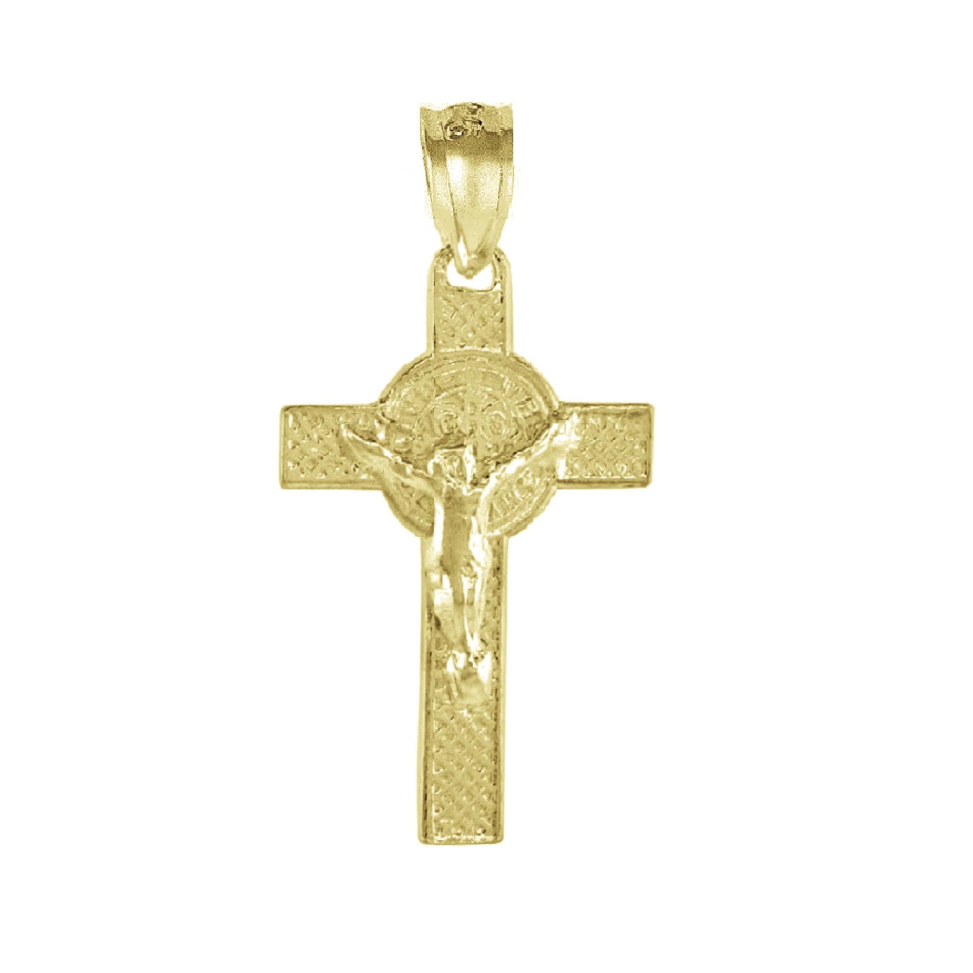 925 Sterling Silver Yellow Gold Plated 1mm Cable Chain Necklace w/ Jesus Christ & St. Benedict Double Sided Cross Pendant Charm