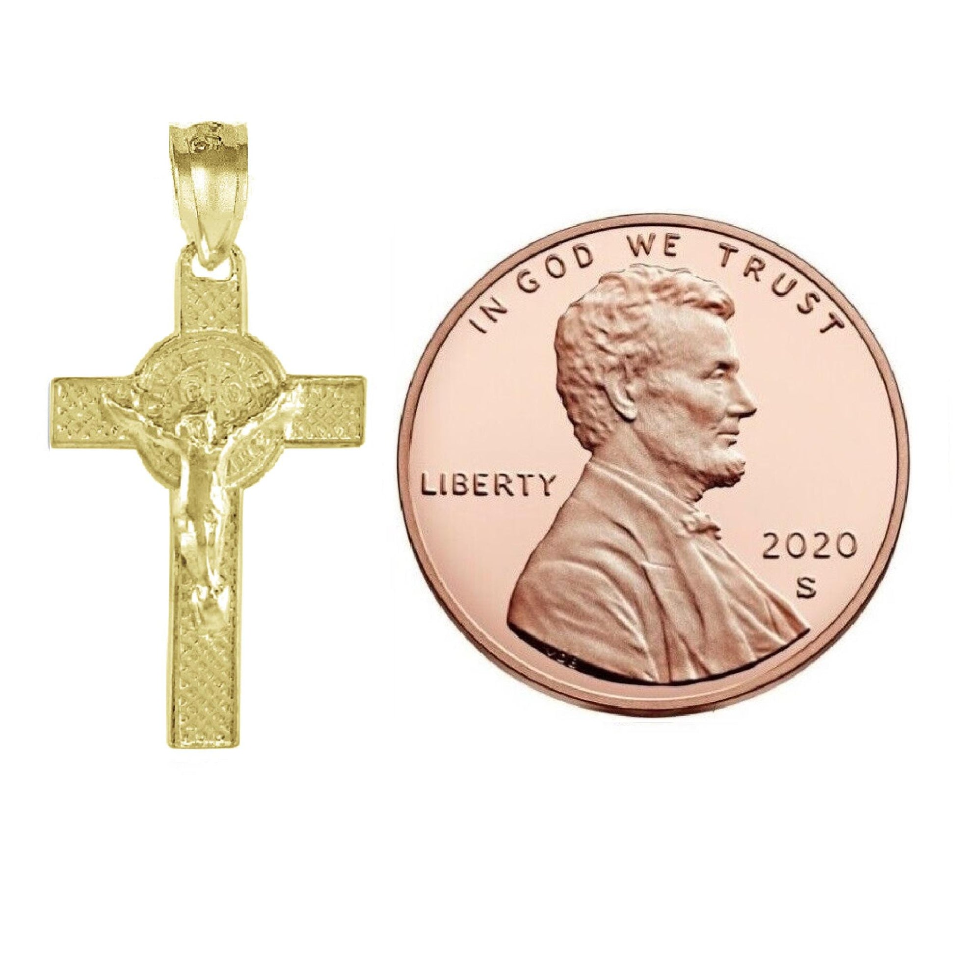 925 Sterling Silver Yellow Gold Plated 1mm Cable Chain Necklace w/ Jesus Christ & St. Benedict Double Sided Cross Pendant Charm