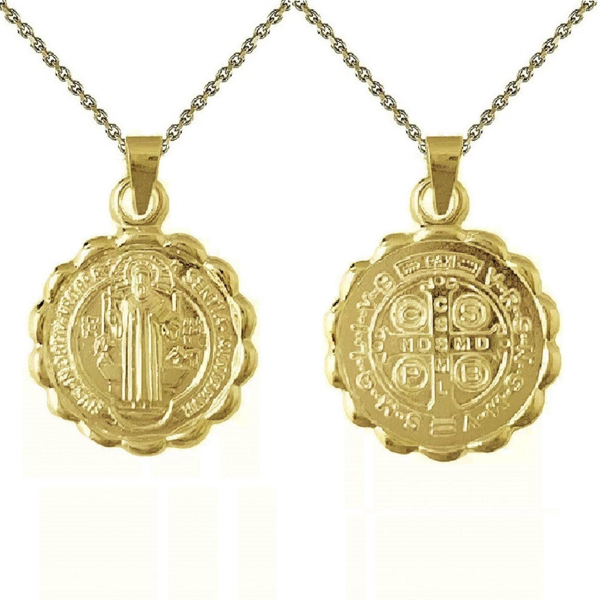 925 Sterling Silver Yellow Gold Plated 1mm Cable Chain Necklace w/ 2-sided Saint Benedict Pendant Charm