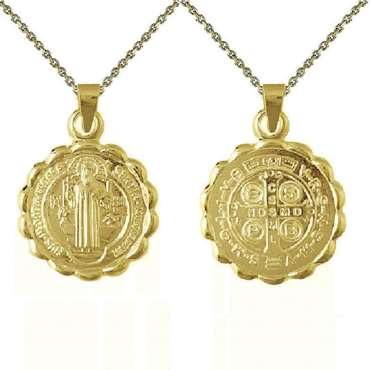 925 Sterling Silver Yellow Gold Plated 1mm Cable Chain Necklace w/ 2-sided Saint Benedict Pendant Charm