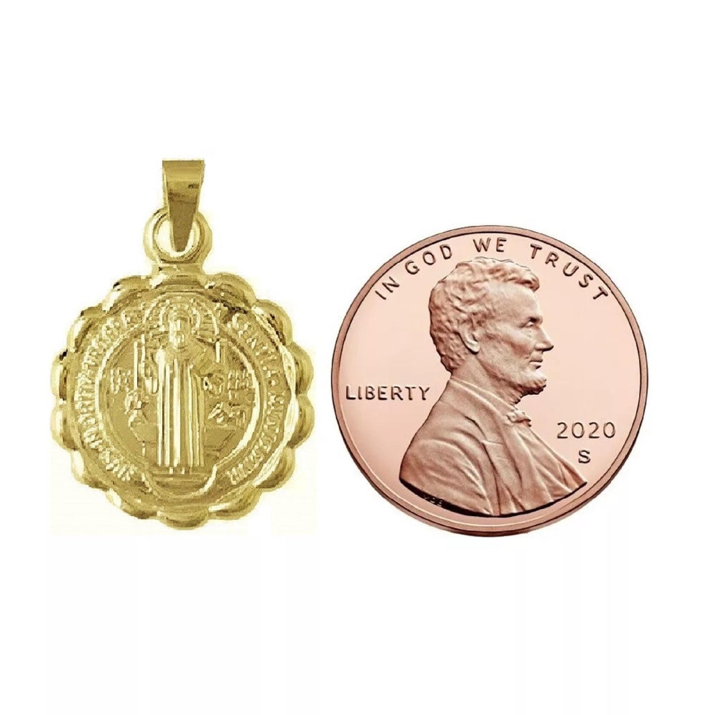 925 Sterling Silver Yellow Gold Plated 1mm Cable Chain Necklace w/ 2-sided Saint Benedict Pendant Charm