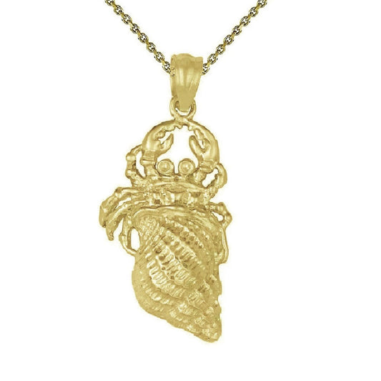 925 Sterling Silver Yellow Gold Plated 1mm Cable Chain Necklace w/ Hermit Crab with Shell Pendant Charm