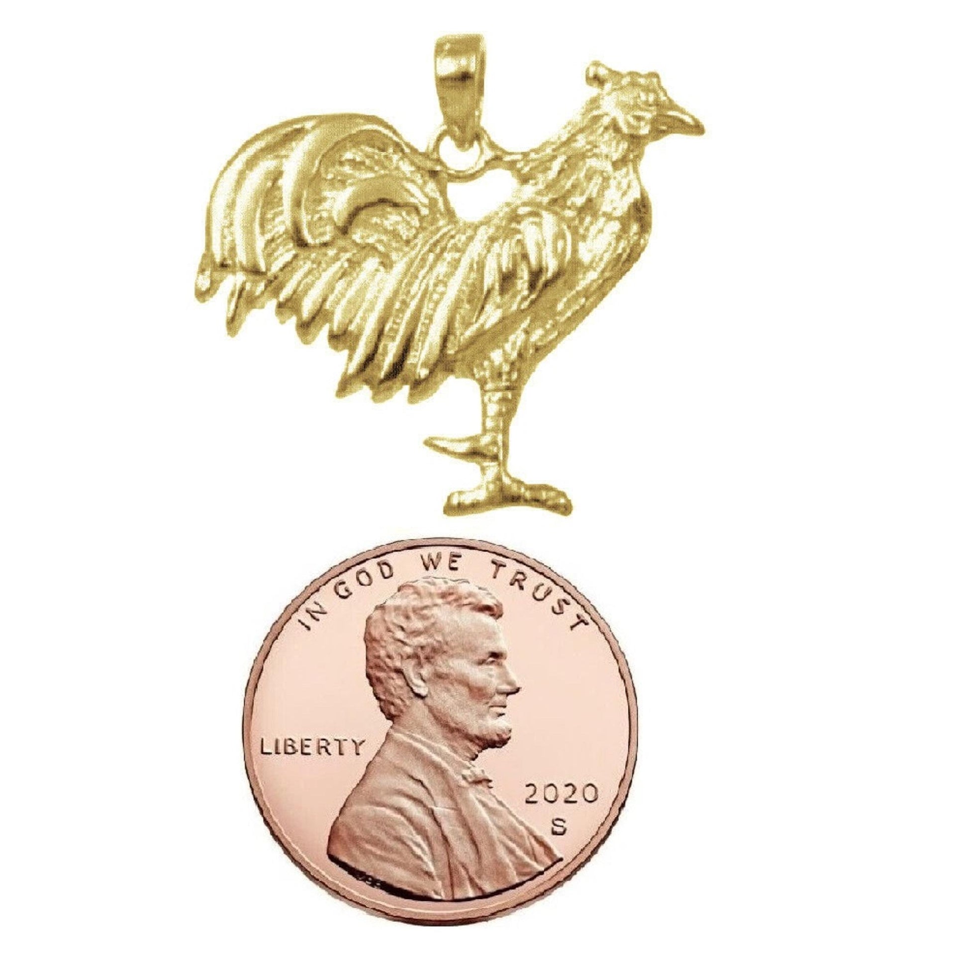 925 Sterling Silver Yellow Gold Plated 1mm Cable Chain Necklace w/ Rooster (Chicken) Pendant Charm