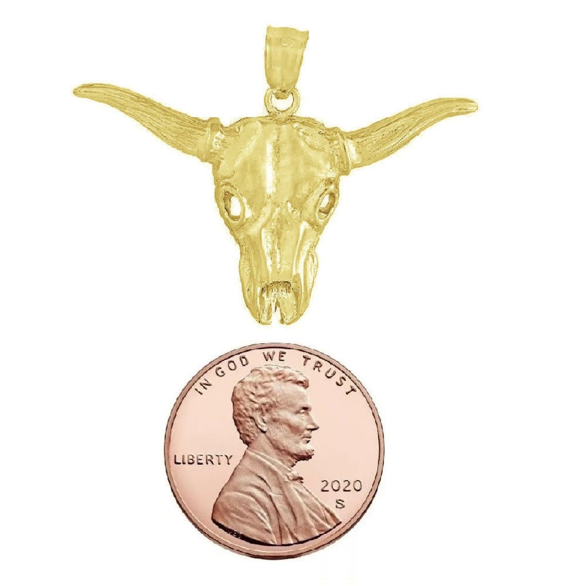 925 Sterling Silver Yellow Gold Plated 1mm Cable Chain Necklace w/ Bull Skull Pendant Charm