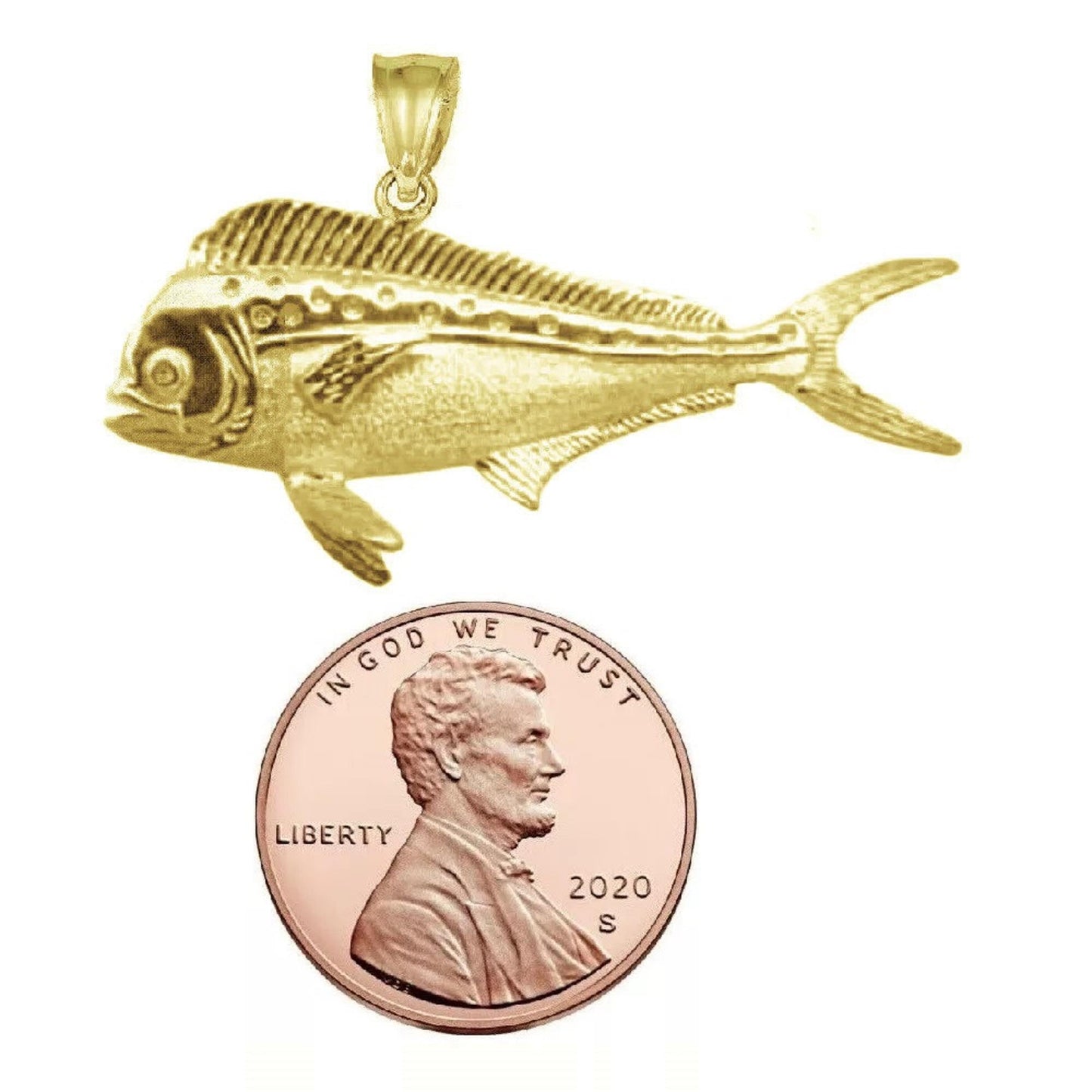 925 Sterling Silver Yellow Gold Plated Necklace w/ Mahi Mahi Fish 3D (3 Dimensional) Solid Pendant