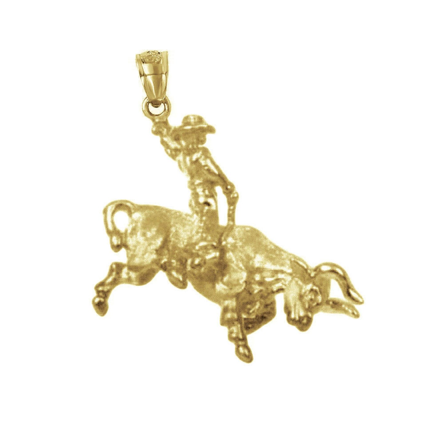 925 Sterling Silver Yellow Gold Plated Necklace w/ Cowboy Riding Bull 3D (3 Dimensional) Solid Pendant