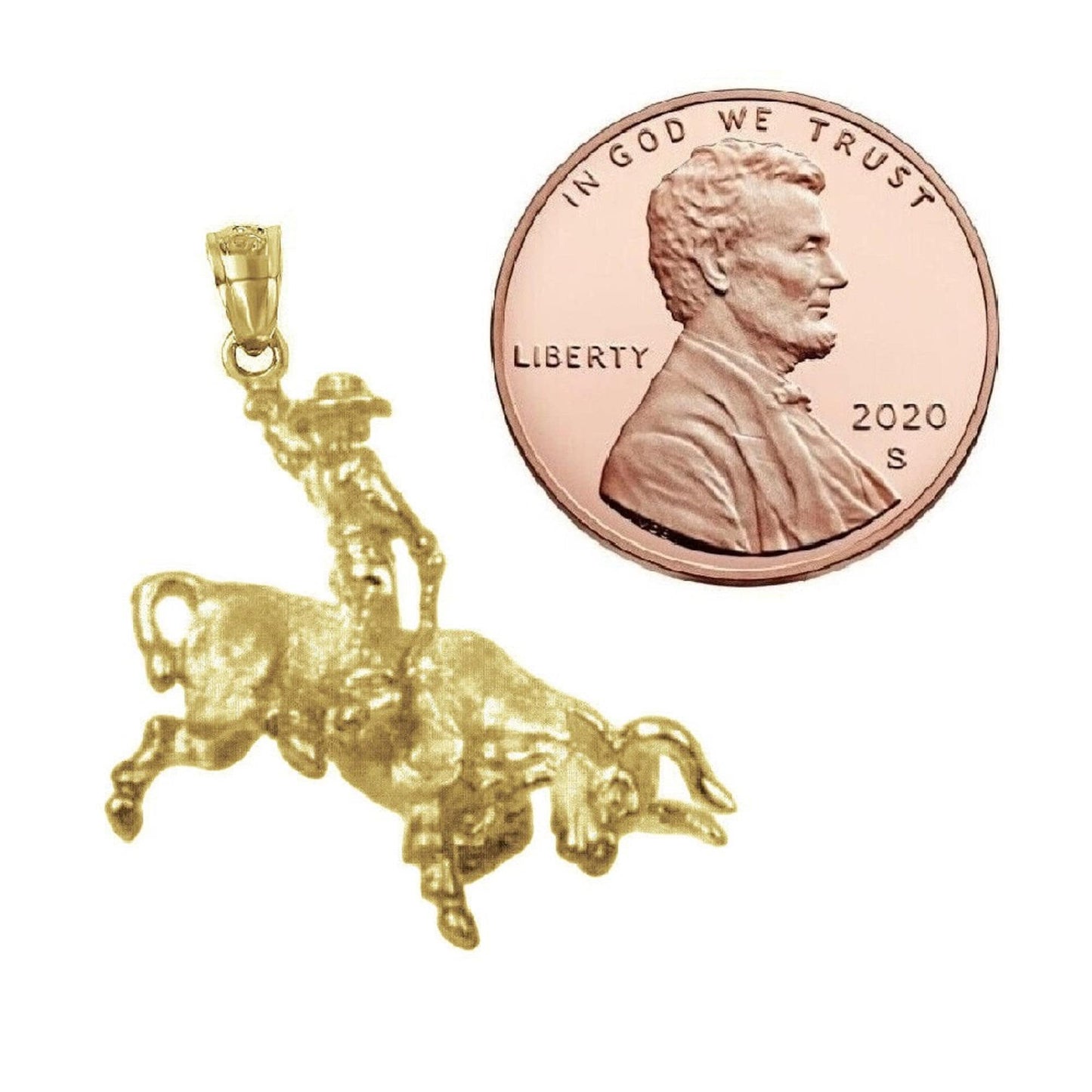 925 Sterling Silver Yellow Gold Plated Necklace w/ Cowboy Riding Bull 3D (3 Dimensional) Solid Pendant
