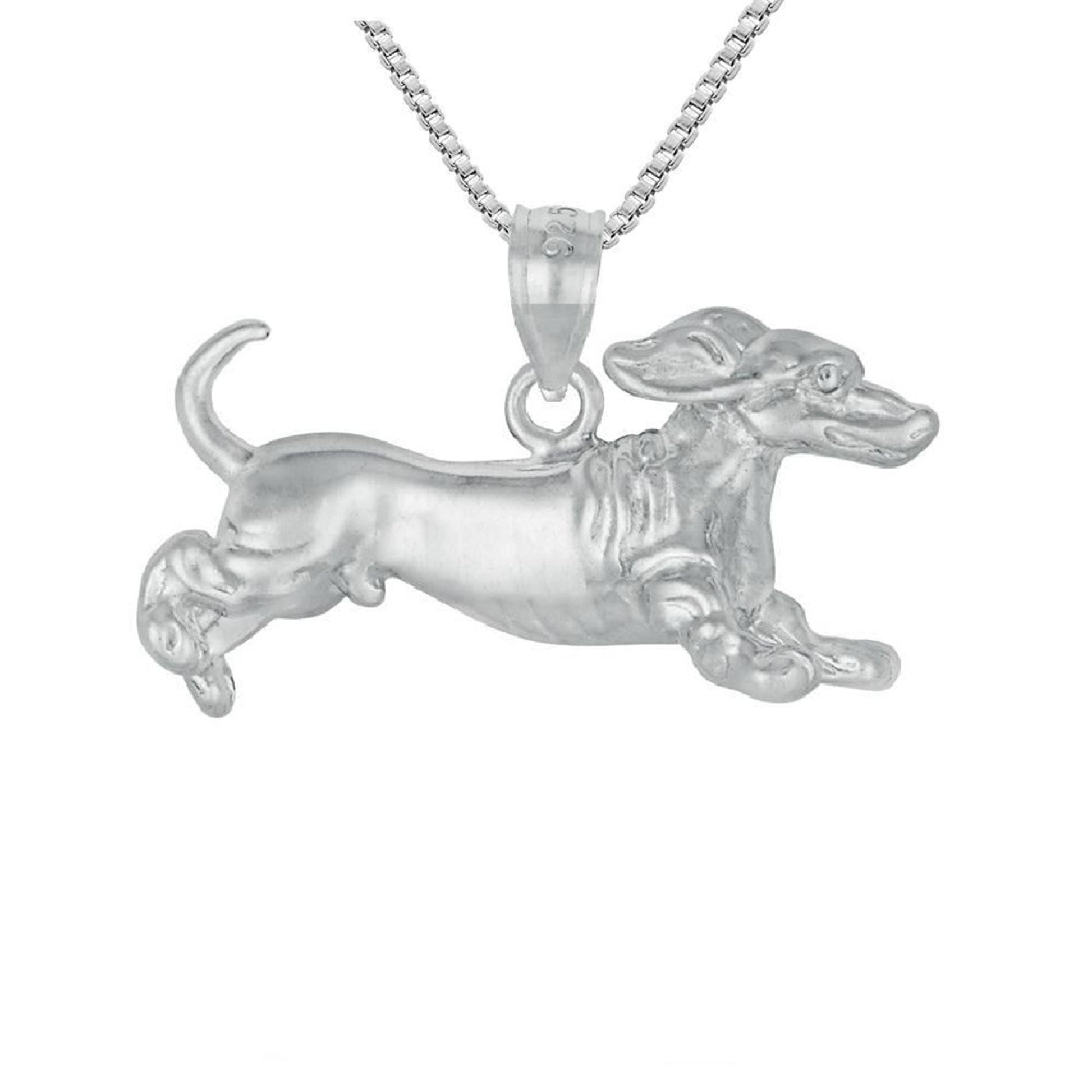 925 Sterling Silver Necklace w/ Dachshund Dog 3D Solid Pendant Charm