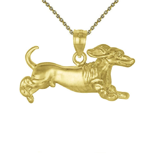 925 Sterling Silver Yellow Gold Plated Necklace w/ Dachshund Dog 3D Solid Pendant