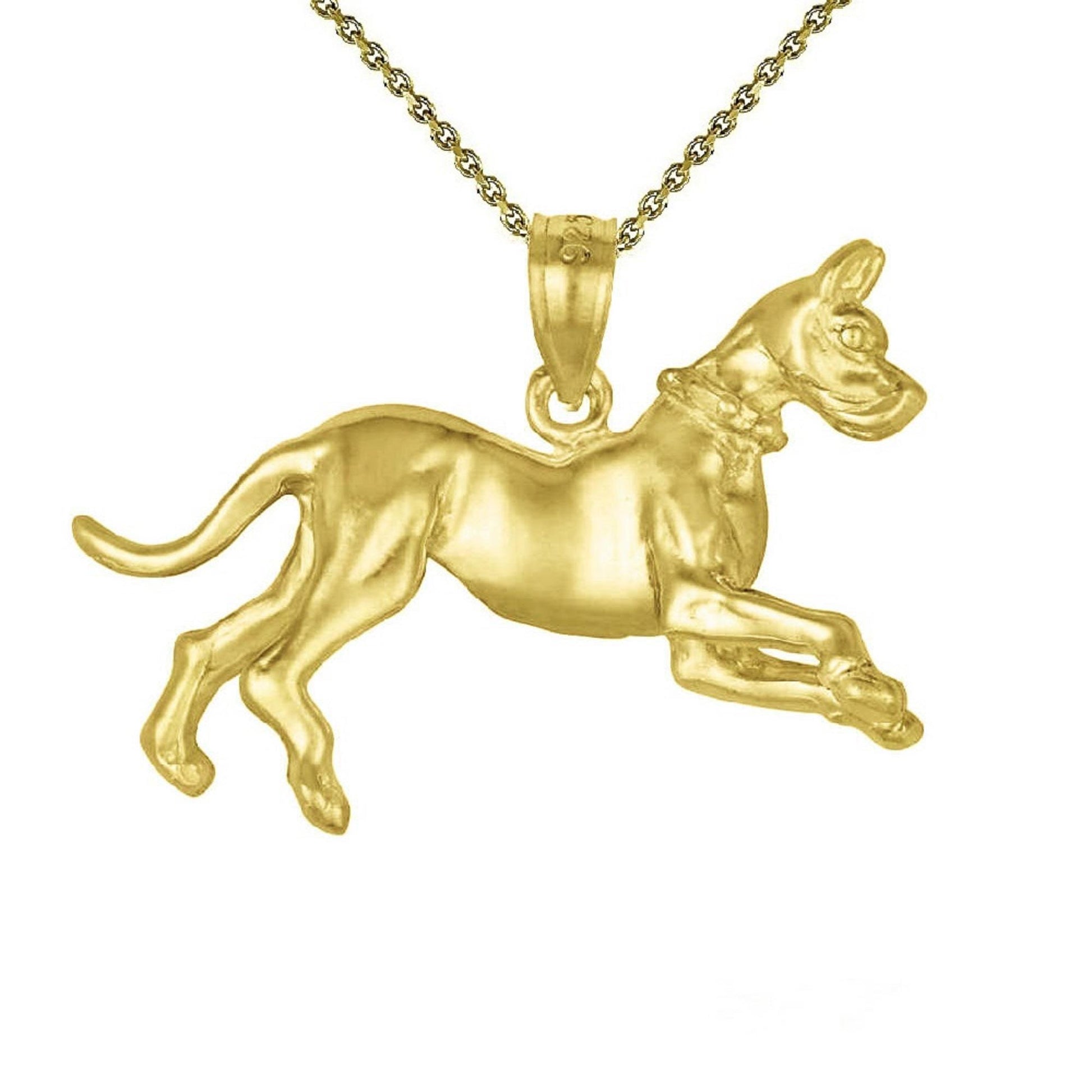925 Sterling Silver Yellow Gold Plated Necklace w/ Great Dane Dog 3D Solid Pendant