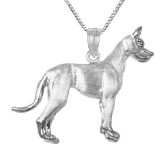 925 Sterling Silver Necklace w/ Great Dane Dog 3D Solid Pendant Charm