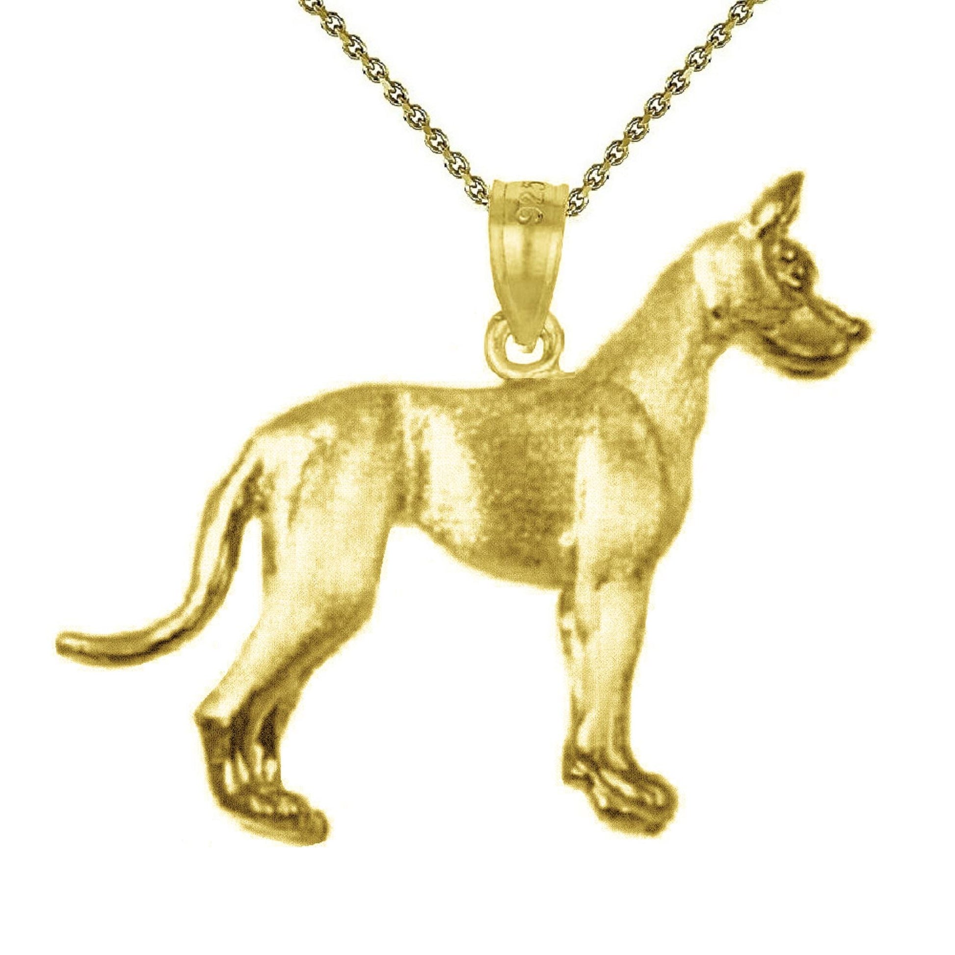 925 Sterling Silver Yellow Gold Plated Necklace w/ Great Dane Dog 3D Solid Pendant