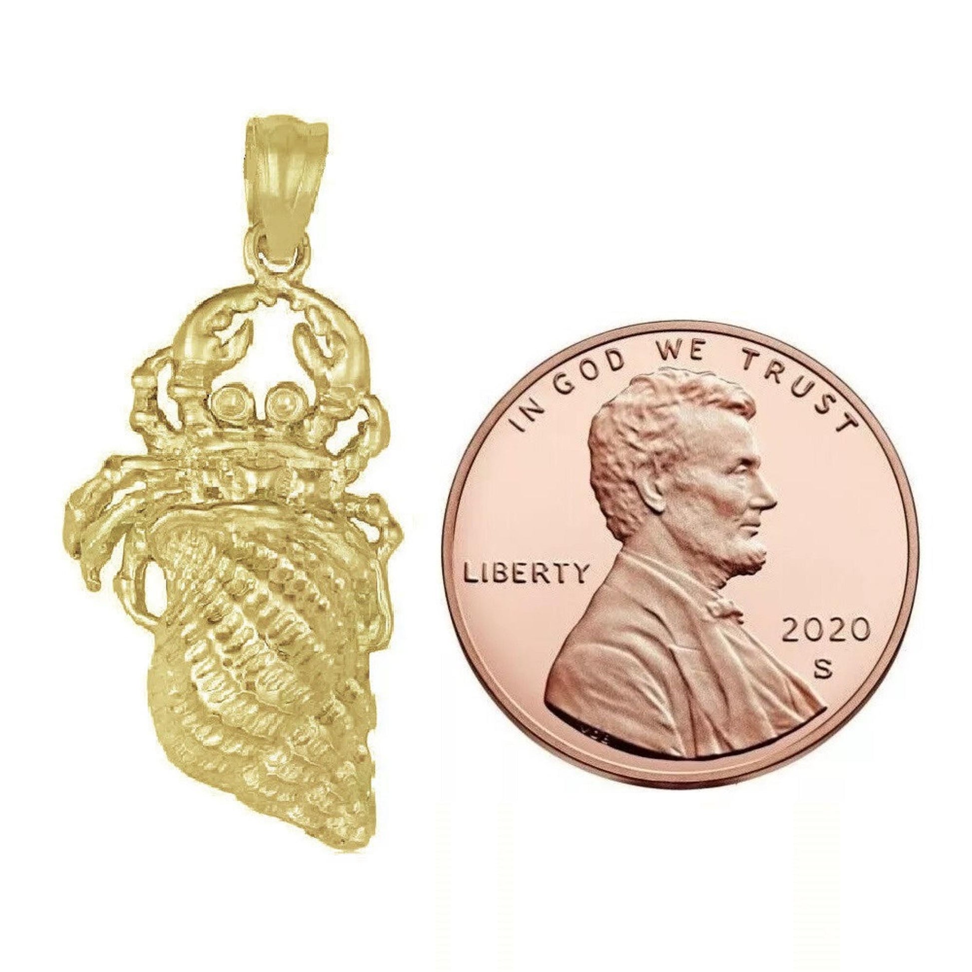 925 Sterling Silver Yellow Gold Plated 1mm Cable Chain Necklace w/ Hermit Crab with Shell Pendant Charm