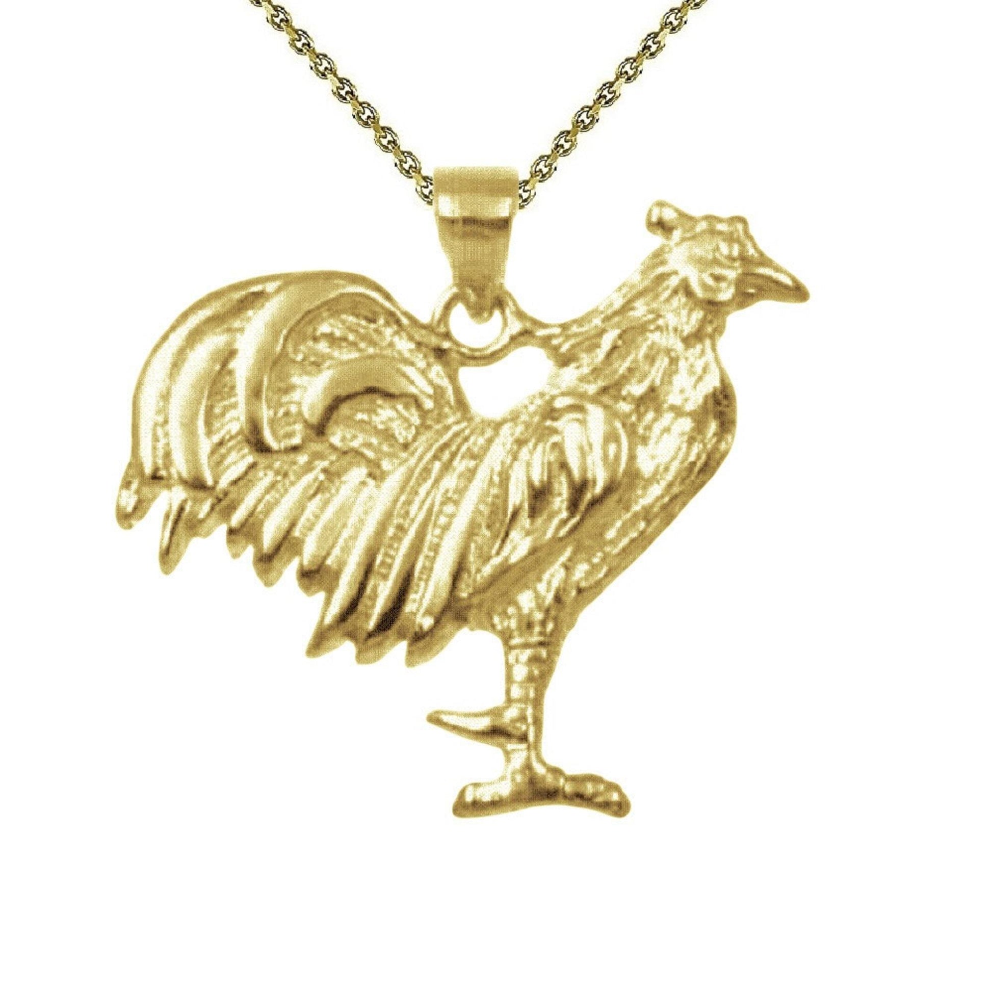 925 Sterling Silver Yellow Gold Plated 1mm Cable Chain Necklace w/ Rooster (Chicken) Pendant Charm