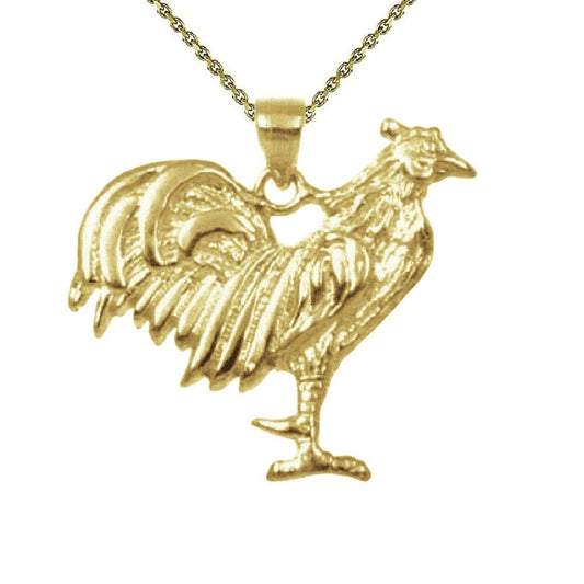 925 Sterling Silver Yellow Gold Plated 1mm Cable Chain Necklace w/ Rooster (Chicken) Pendant Charm