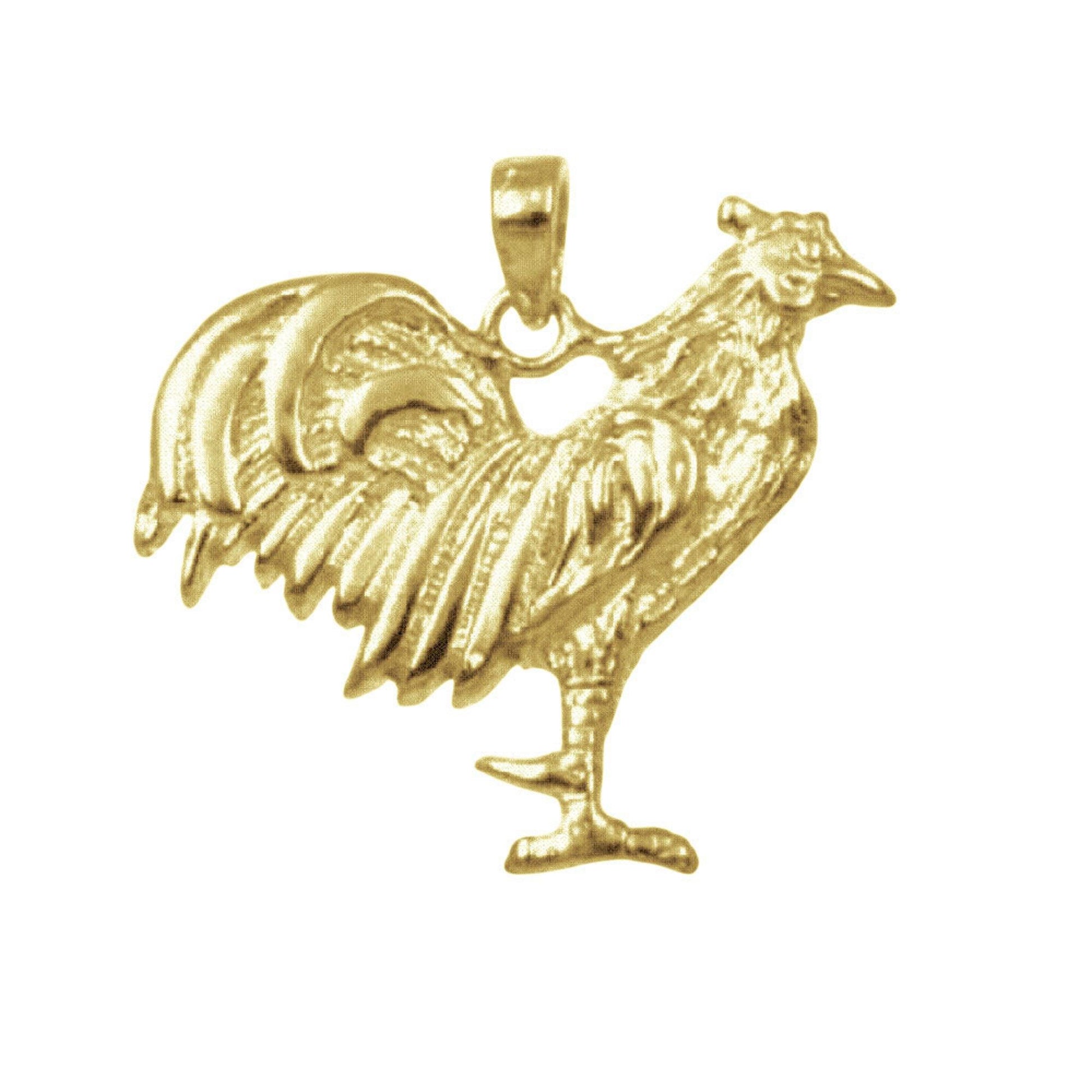 925 Sterling Silver Yellow Gold Plated 1mm Cable Chain Necklace w/ Rooster (Chicken) Pendant Charm