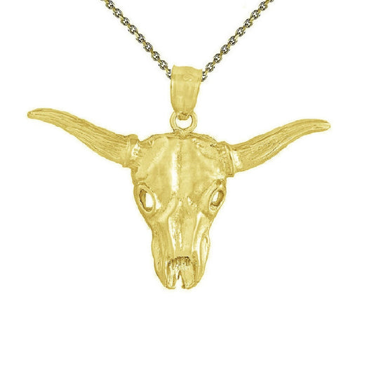 925 Sterling Silver Yellow Gold Plated 1mm Cable Chain Necklace w/ Bull Skull Pendant Charm