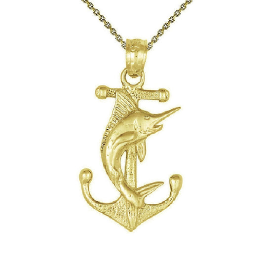 925 Sterling Silver Yellow Gold Plated 1mm Cable Chain Necklace w/ Anchor with Marlin Pendant Charm