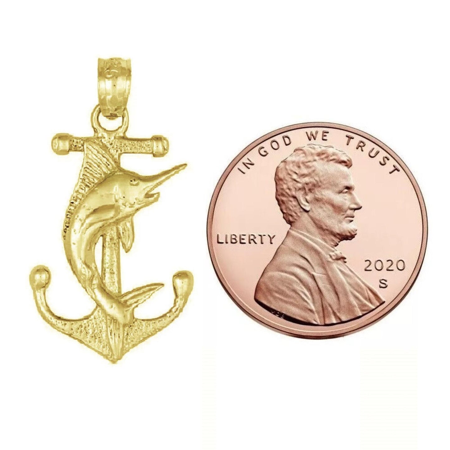 925 Sterling Silver Yellow Gold Plated 1mm Cable Chain Necklace w/ Anchor with Marlin Pendant Charm