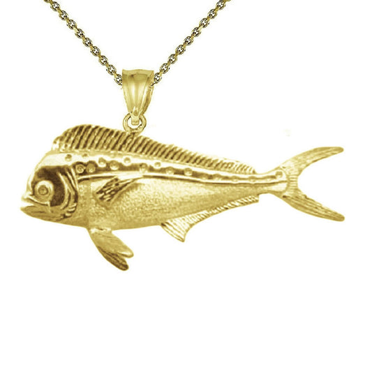 925 Sterling Silver Yellow Gold Plated Necklace w/ Mahi Mahi Fish 3D (3 Dimensional) Solid Pendant