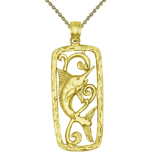 925 Sterling Silver Yellow Gold Plated 1mm Cable Chain Necklace w/ Marlin Pendant Charm