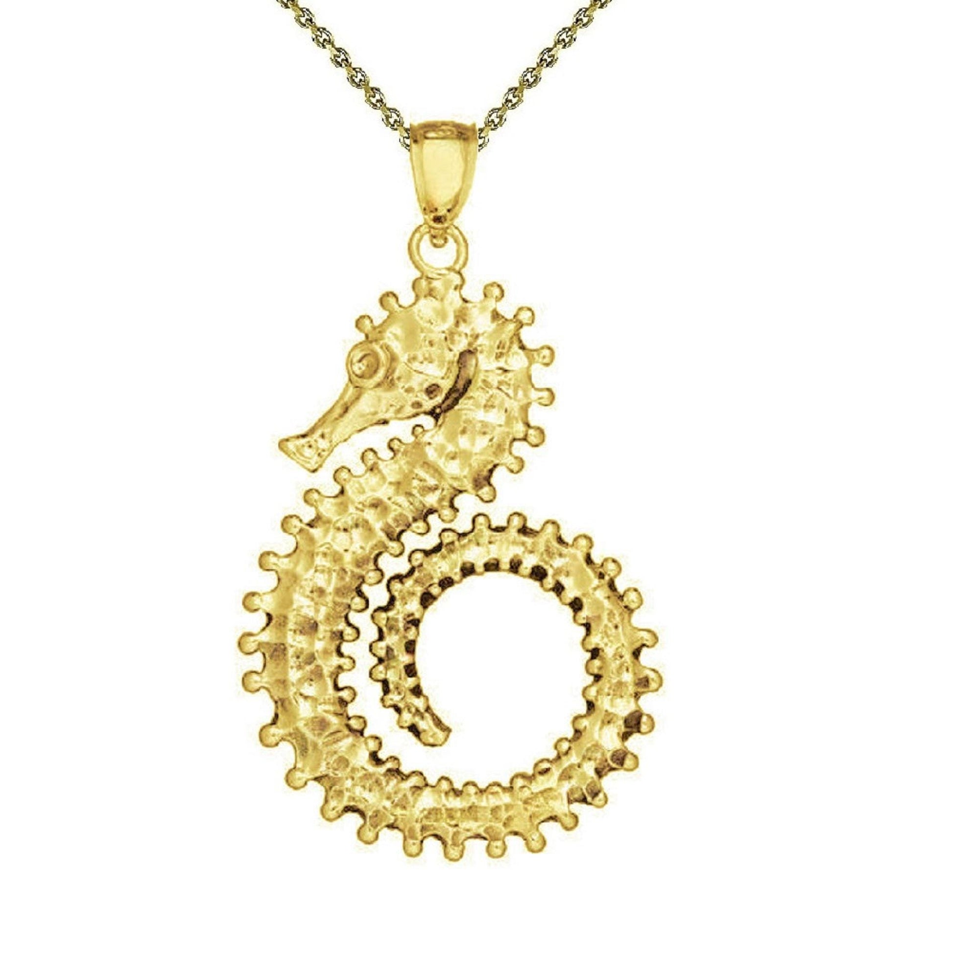 925 Sterling Silver Yellow Gold Plated 1mm Cable Chain Necklace w/ Seahorse Pendant