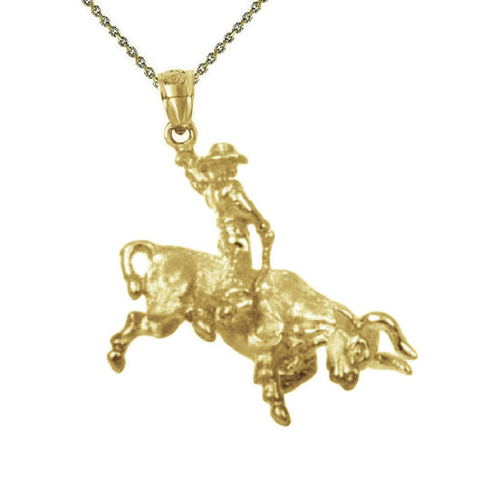 925 Sterling Silver Yellow Gold Plated Necklace w/ Cowboy Riding Bull 3D (3 Dimensional) Solid Pendant