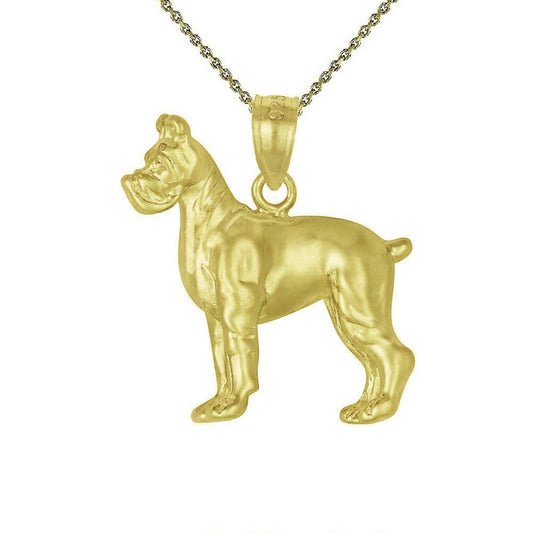 925 Sterling Silver Yellow Gold Plated Necklace w/ Boxer Dog 3D Solid Pendant