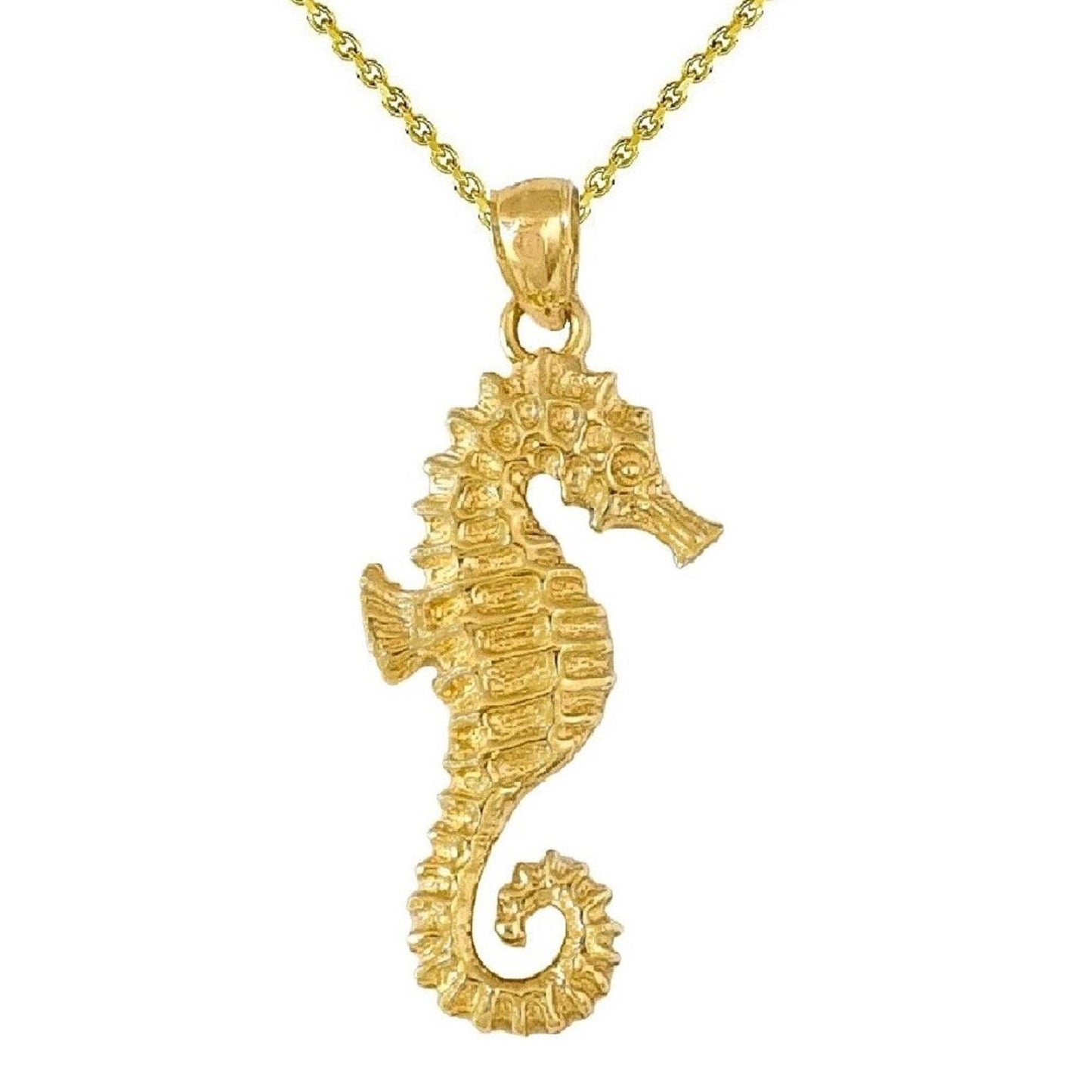 925 Sterling Silver Yellow Gold Plated 1mm Cable Chain Necklace w/ Seahorse Pendant Charm