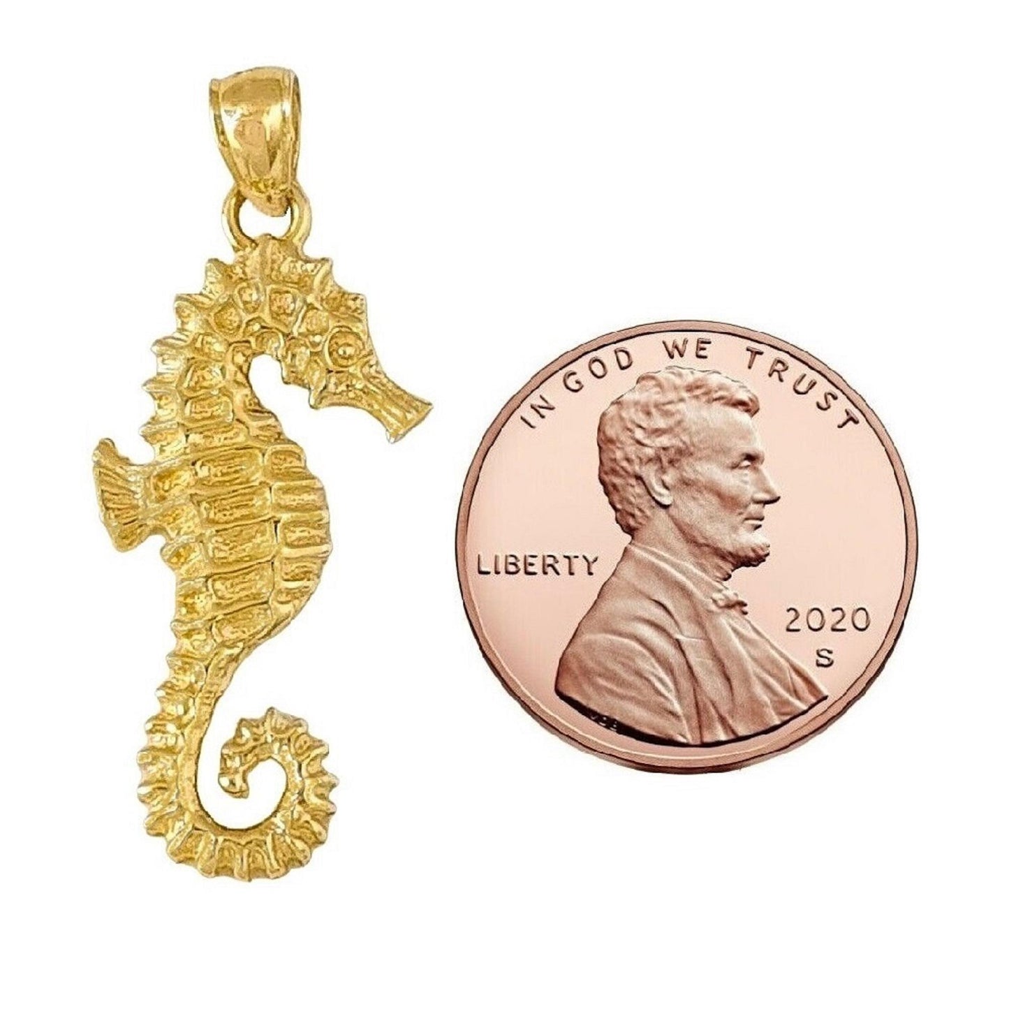 925 Sterling Silver Yellow Gold Plated 1mm Cable Chain Necklace w/ Seahorse Pendant Charm