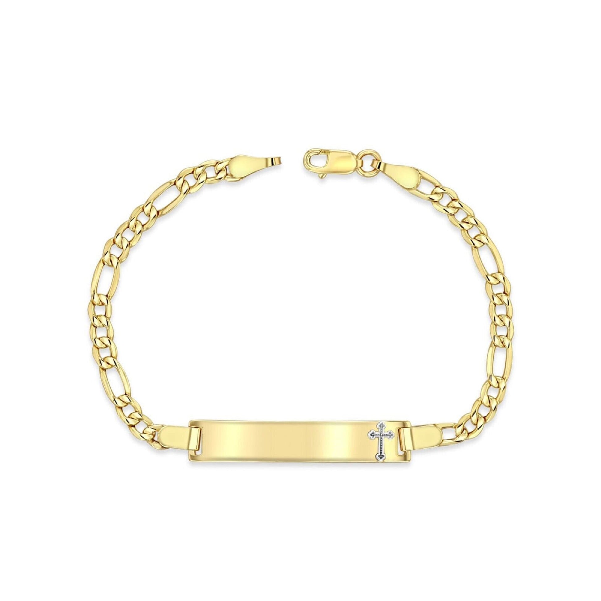14K Yellow Gold 3.5 mm Figaro Chain Baby ID Bracelet w/ White Gold Cross, 3 gram