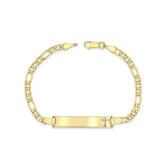 14K Yellow Gold 3.5 mm Figaro Chain Baby ID Bracelet w/ White Gold Cross, 3 gram